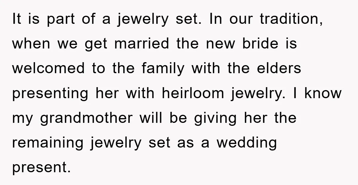 It is part of a jewelry set. In our tradition, when we get married the new bride is welcomed to the family with the elders presenting her with heirloom jewelry....