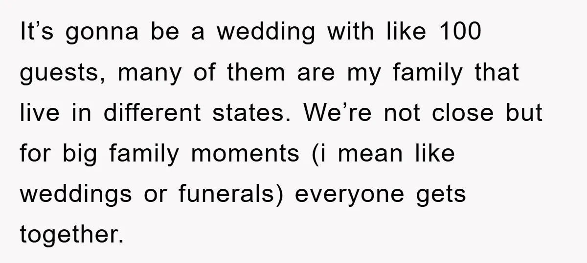 It’s gonna be a wedding with like 100 guests, many of them are my family that live in different states. We’re not close but for big family moments (i mean...