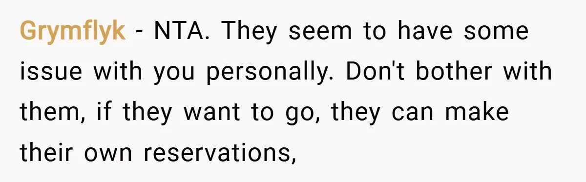 Grymflyk − NTA. They seem to have some issue with you personally. Don't bother with them, if they want to go, they can make their own reservations,
