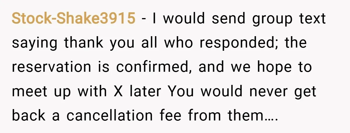 Stock-Shake3915 − I would send group text saying thank you all who responded; the reservation is confirmed, and we hope to meet up with X later You would never get...