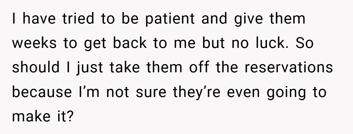 I have tried to be patient and give them weeks to get back to me but no luck. So should I just take them off the reservations because I’m not...