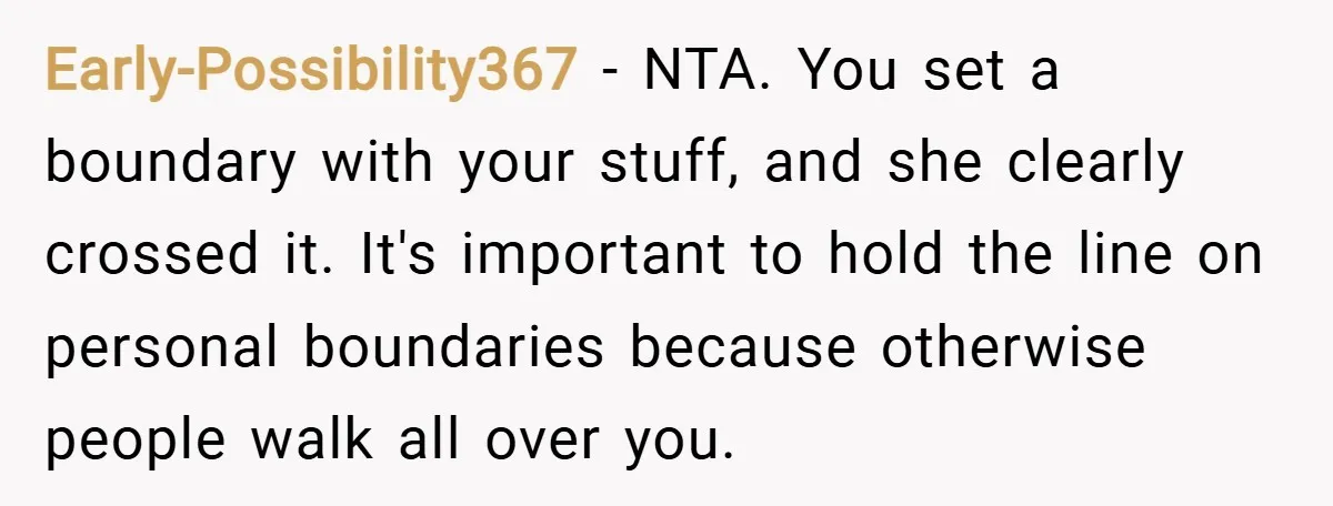 Early-Possibility367 − NTA. You set a boundary with your stuff, and she clearly crossed it. It's important to hold the line on personal boundaries because otherwise people walk all over...
