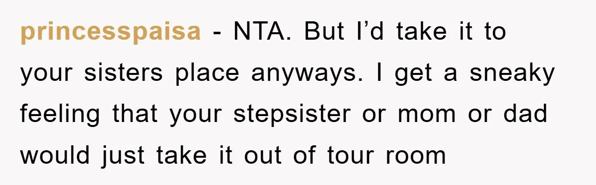 princesspaisa − NTA. But I’d take it to your sisters place anyways. I get a sneaky feeling that your stepsister or mom or dad would just take it out of...