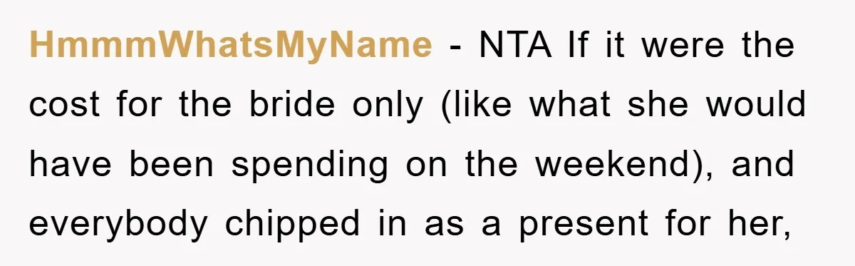 HmmmWhatsMyName − NTA If it were the cost for the bride only (like what she would have been spending on the weekend), and everybody chipped in as a present for...