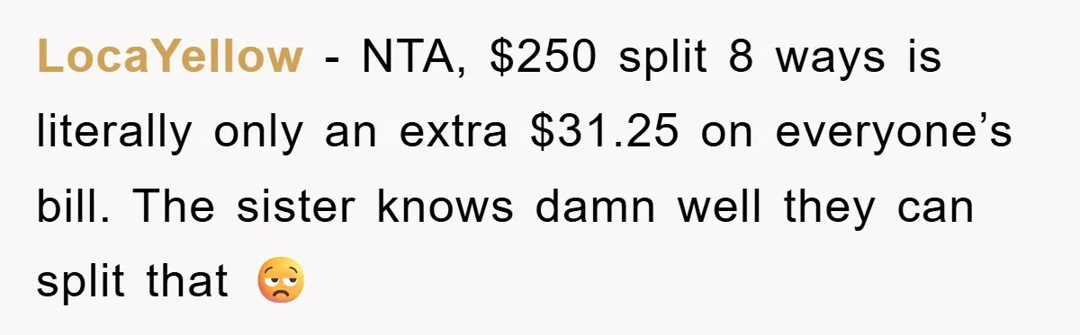 LocaYellow − NTA, $250 split 8 ways is literally only an extra $31.25 on everyone’s bill. The sister knows damn well they can split that 😒