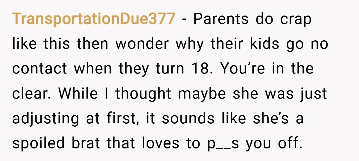 TransportationDue377 − Parents do crap like this then wonder why their kids go no contact when they turn 18. You’re in the clear. While I thought maybe she was just...