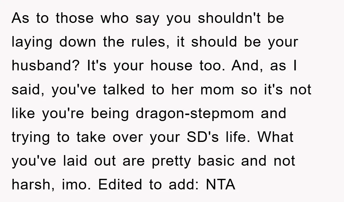 As to those who say you shouldn't be laying down the rules, it should be your husband? It's your house too. And, as I said, you've talked to her mom...