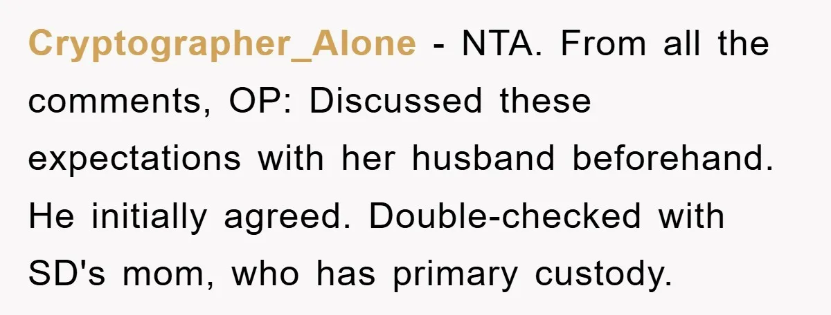 Cryptographer_Alone - NTA. From all the comments, OP: Discussed these expectations with her husband beforehand. He initially agreed. Double-checked with SD's mom, who has primary custody.