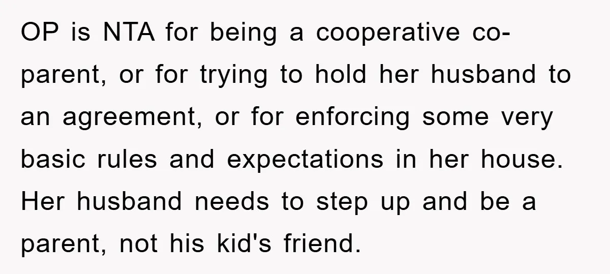 OP is NTA for being a cooperative co-parent, or for trying to hold her husband to an agreement, or for enforcing some very basic rules and expectations in her house....