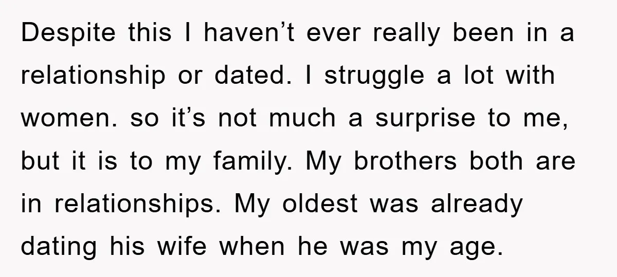 Despite this I haven’t ever really been in a relationship or dated. I struggle a lot with women. so it’s not much a surprise to me, but it is to...