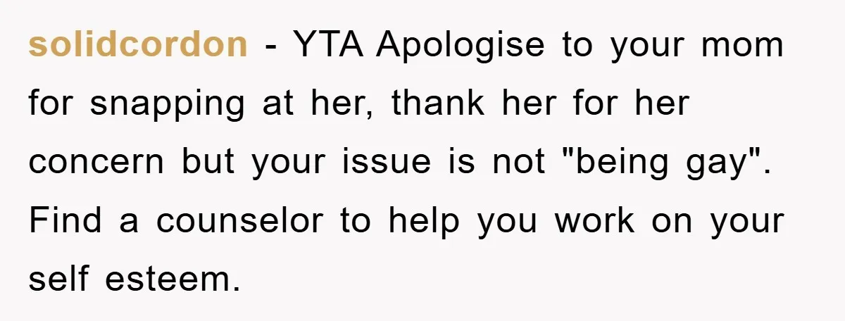 solidcordon − YTA Apologise to your mom for snapping at her, thank her for her concern but your issue is not "being gay". Find a counselor to help you work...
