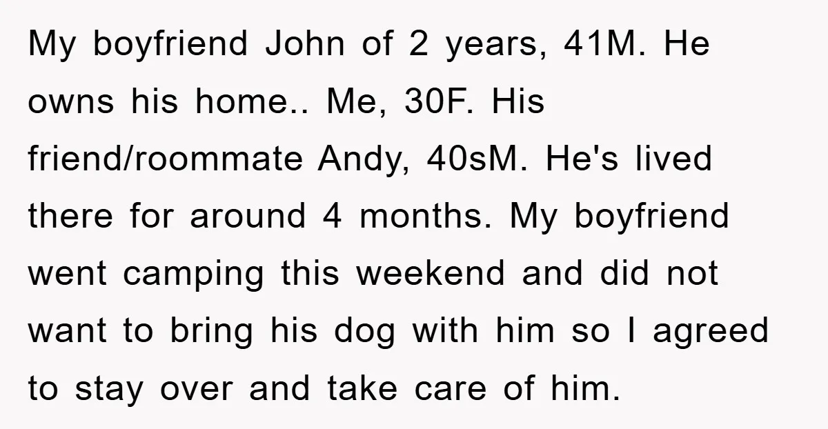 My boyfriend John of 2 years, 41M. He owns his home.. Me, 30F. His friend/roommate Andy, 40sM. He's lived there for around 4 months. My boyfriend went camping this weekend...