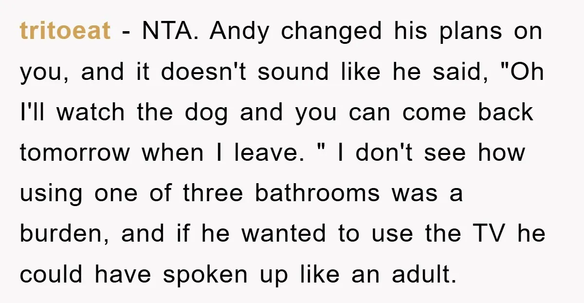 tritoeat − NTA. Andy changed his plans on you, and it doesn't sound like he said, "Oh I'll watch the dog and you can come back tomorrow when I leave....