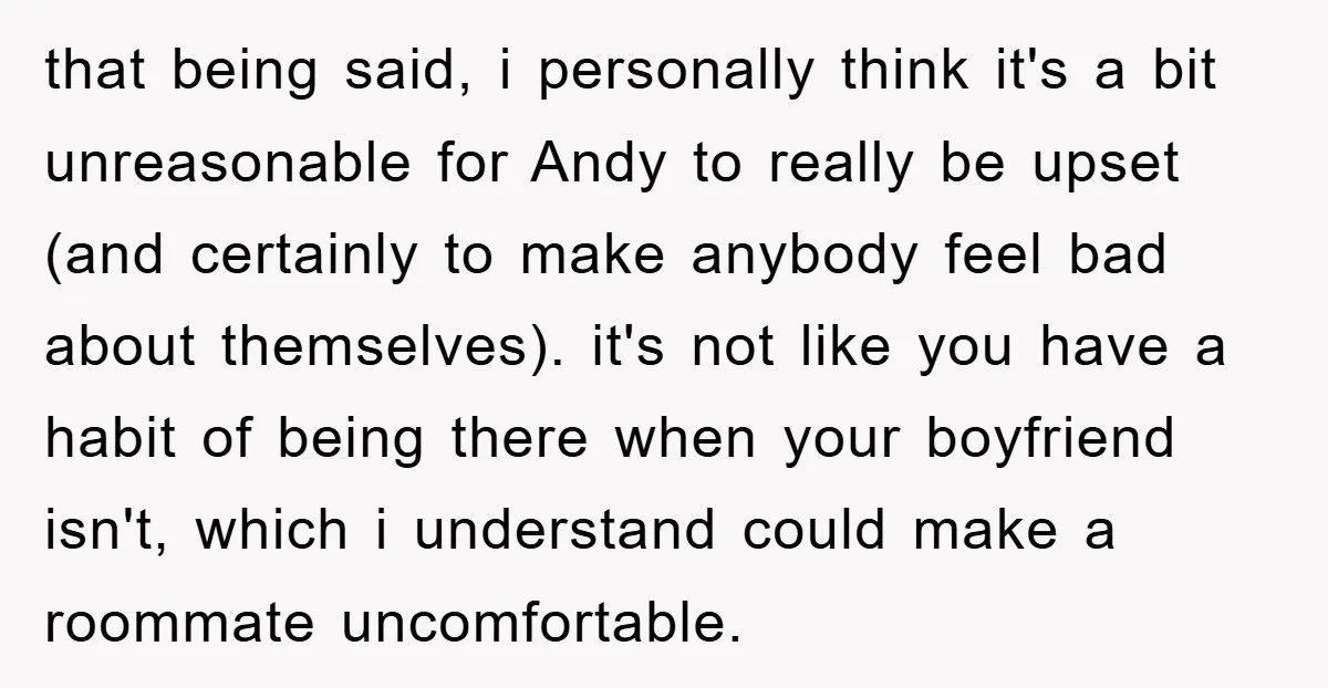 that being said, i personally think it's a bit unreasonable for Andy to really be upset (and certainly to make anybody feel bad about themselves). it's not like you have...