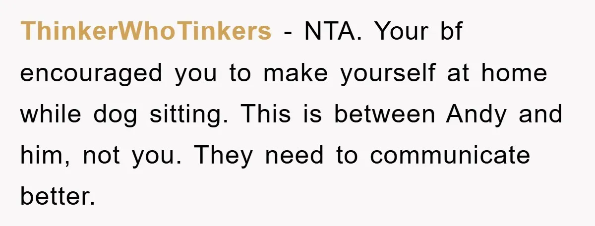 ThinkerWhoTinkers − NTA. Your bf encouraged you to make yourself at home while dog sitting. This is between Andy and him, not you. They need to communicate better.