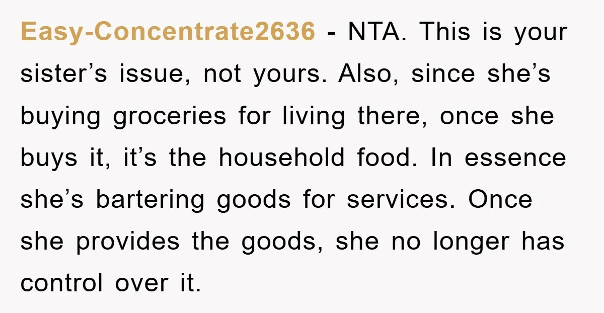 Easy-Concentrate2636 − NTA. This is your sister’s issue, not yours. Also, since she’s buying groceries for living there, once she buys it, it’s the household food. In essence she’s bartering...