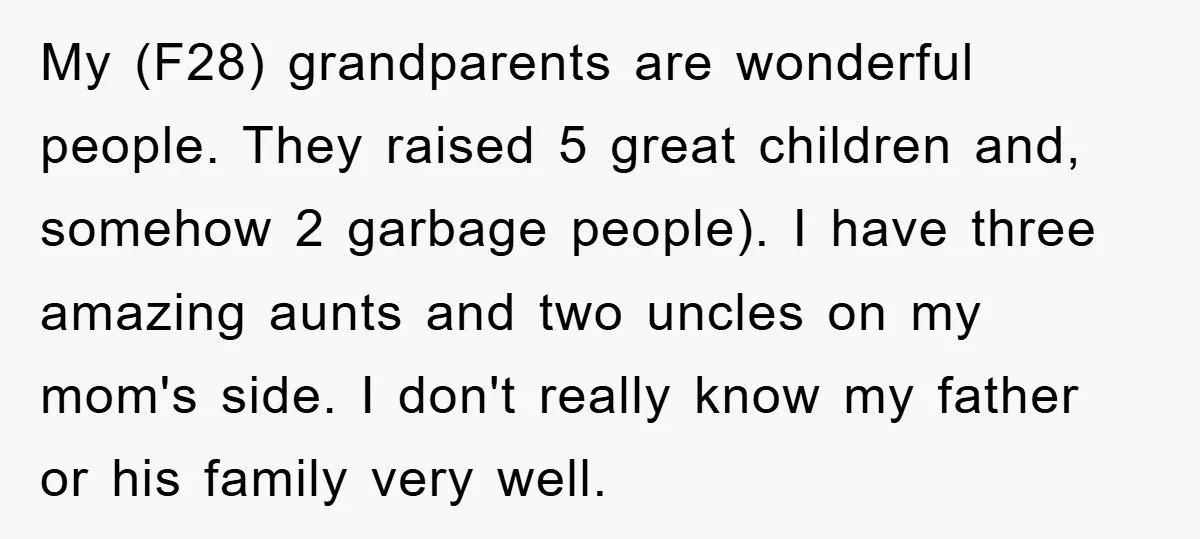 My (F28) grandparents are wonderful people. They raised 5 great children and, somehow 2 garbage people). I have three amazing aunts and two uncles on my mom's side. I don't...