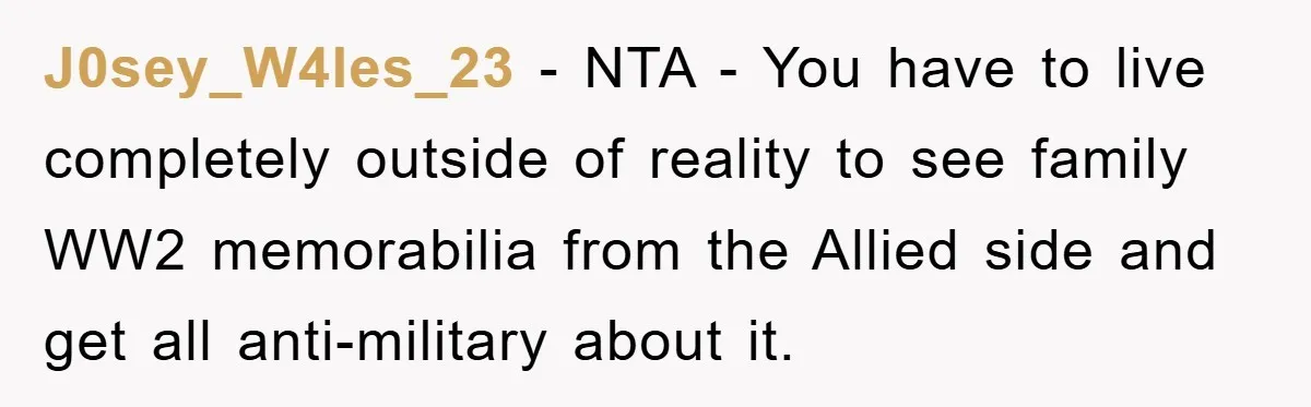 J0sey_W4les_23 − NTA - You have to live completely outside of reality to see family WW2 memorabilia from the Allied side and get all anti-military about it.