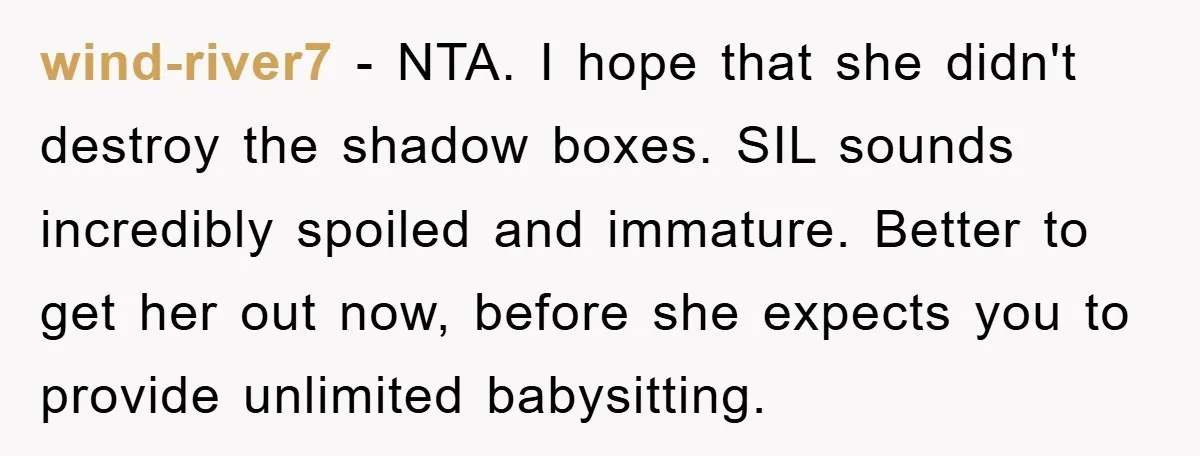 wind-river7 − NTA. I hope that she didn't destroy the shadow boxes. SIL sounds incredibly spoiled and immature. Better to get her out now, before she expects you to provide...