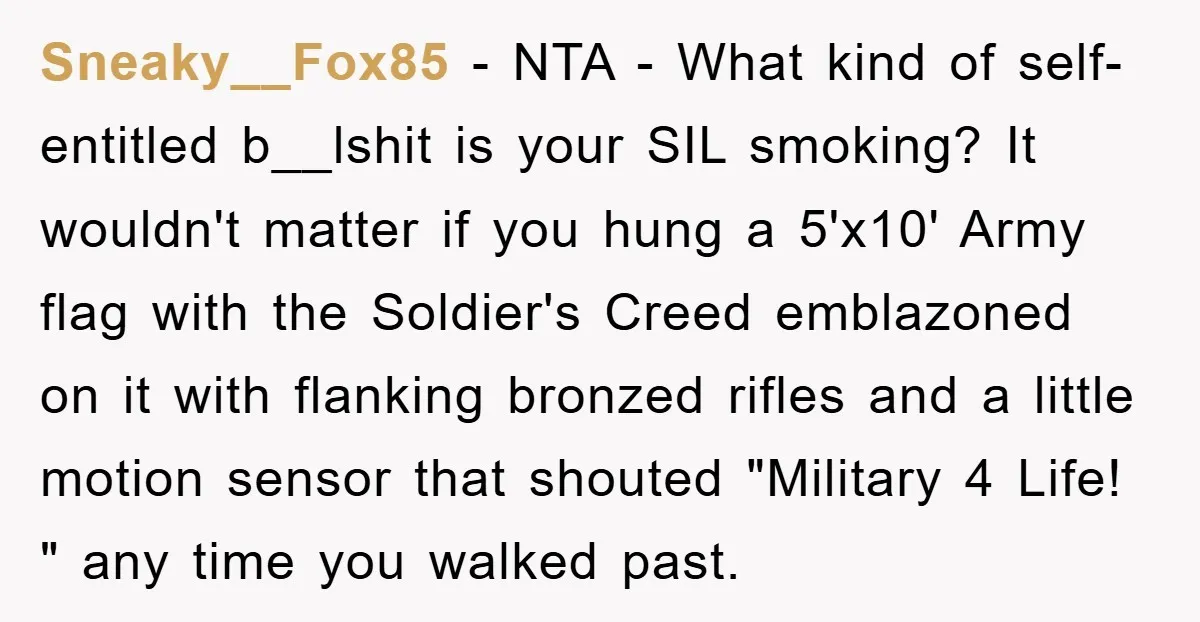 Sneaky__Fox85 − NTA - What kind of self-entitled b__lshit is your SIL smoking? It wouldn't matter if you hung a 5'x10' Army flag with the Soldier's Creed emblazoned on it...