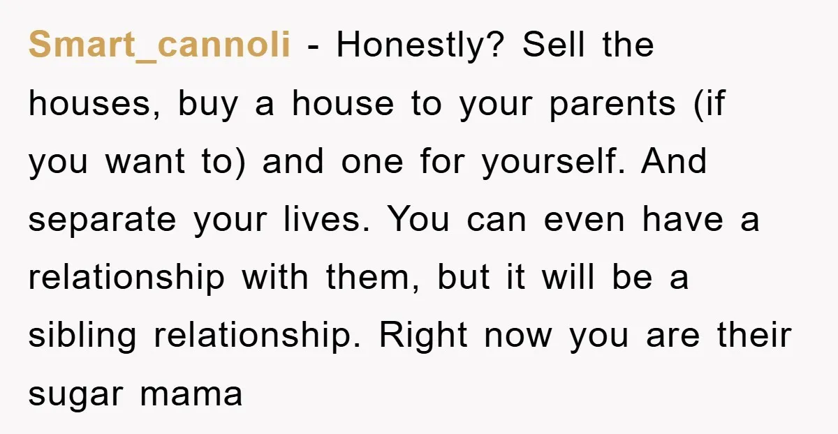 Smart_cannoli − Honestly? Sell the houses, buy a house to your parents (if you want to) and one for yourself. And separate your lives. You can even have a relationship...