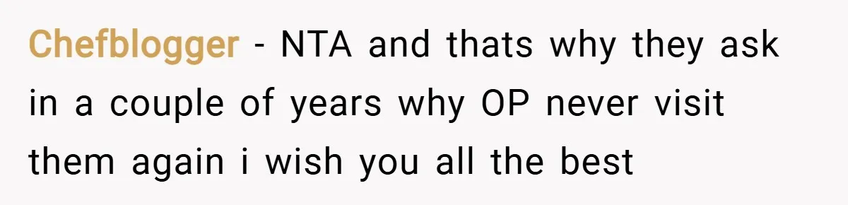 Chefblogger − NTA and thats why they ask in a couple of years why OP never visit them again i wish you all the best