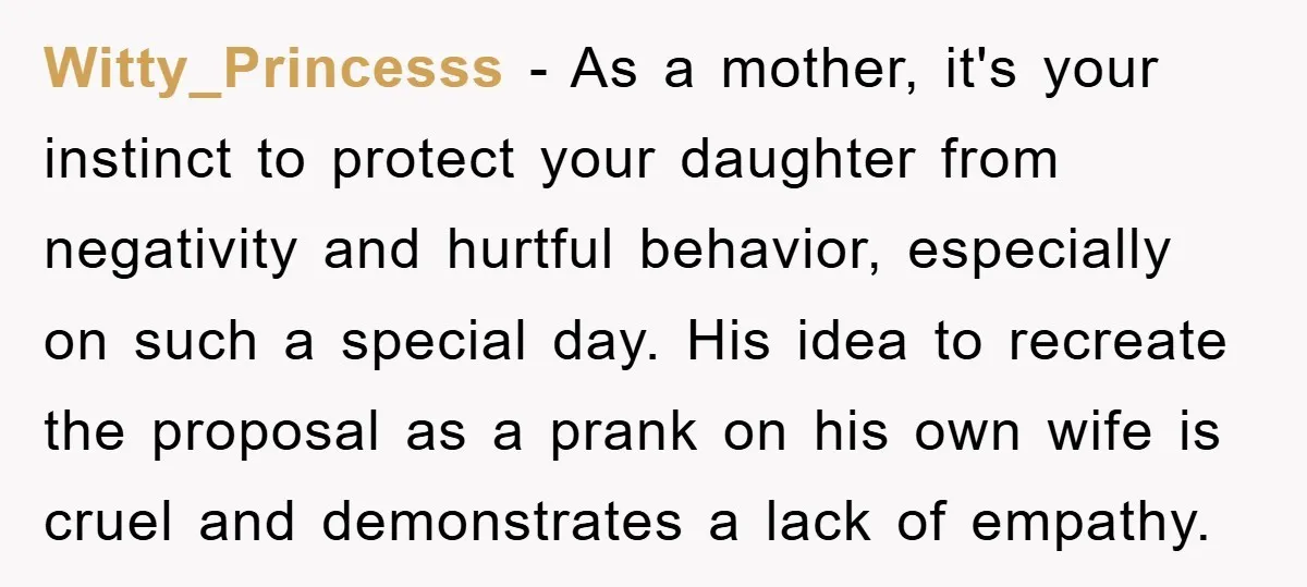 Witty_Princesss - As a mother, it's your instinct to protect your daughter from negativity and hurtful behavior, especially on such a special day. His idea to recreate the proposal as...