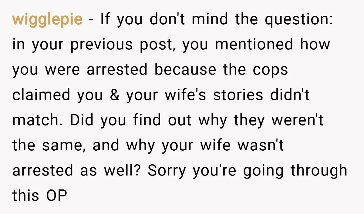 wigglepie − If you don't mind the question: in your previous post, you mentioned how you were arrested because the cops claimed you & your wife's stories didn't match. Did...