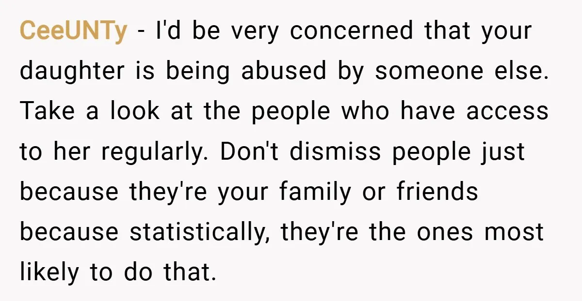CeeUNTy − I'd be very concerned that your daughter is being abused by someone else. Take a look at the people who have access to her regularly. Don't dismiss people...