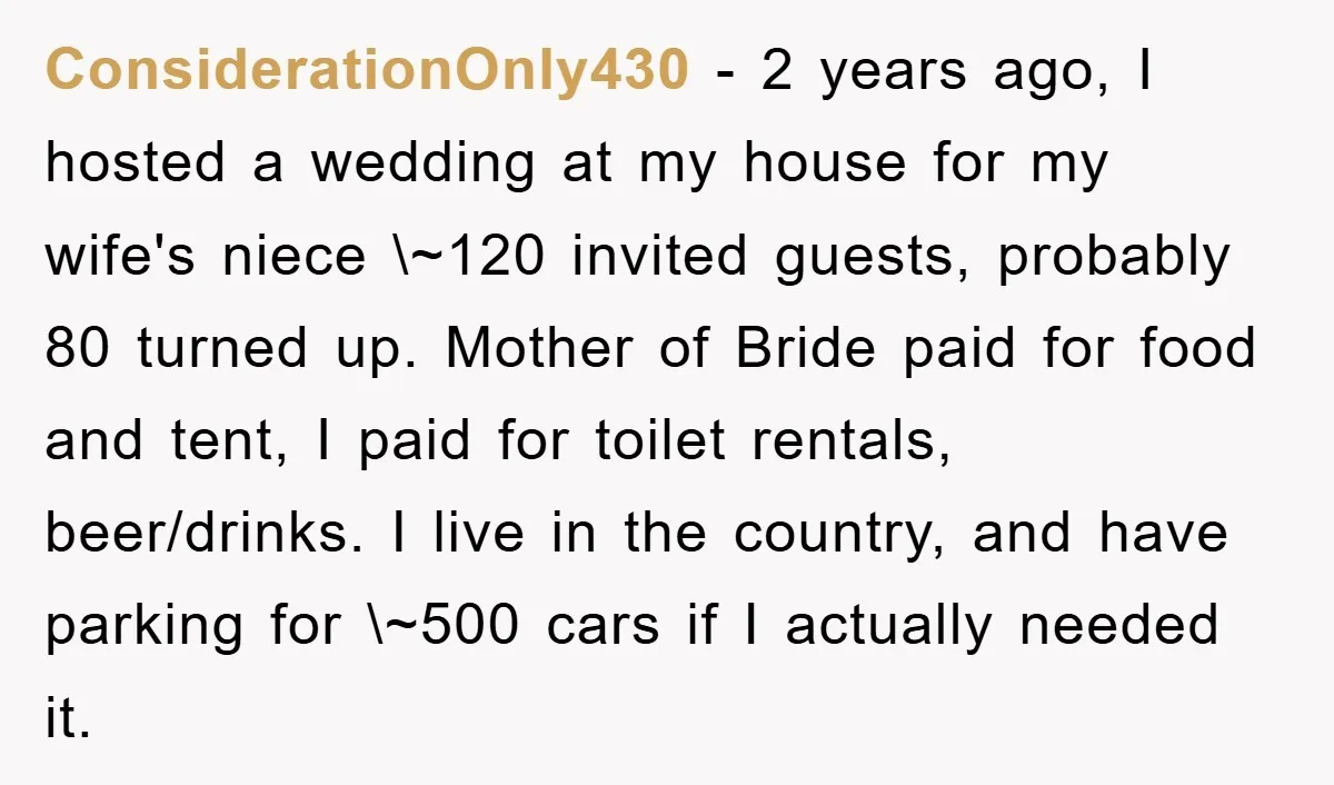 ConsiderationOnly430 − 2 years ago, I hosted a wedding at my house for my wife's niece \~120 invited guests, probably 80 turned up. Mother of Bride paid for food and...