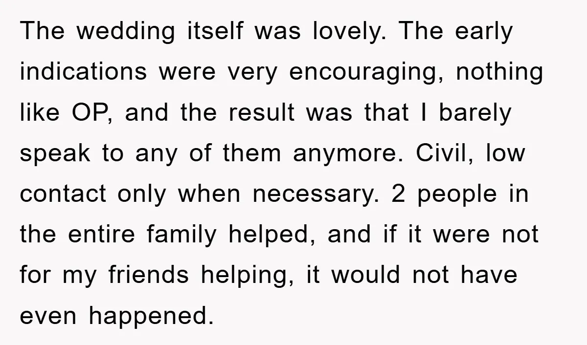 The wedding itself was lovely. The early indications were very encouraging, nothing like OP, and the result was that I barely speak to any of them anymore. Civil, low contact...