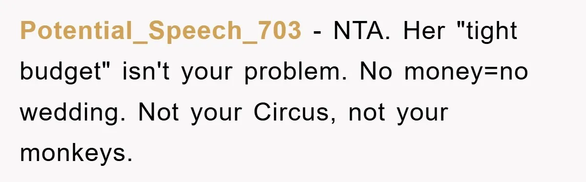 Potential_Speech_703 − NTA. Her "tight budget" isn't your problem. No money=no wedding. Not your Circus, not your monkeys.
