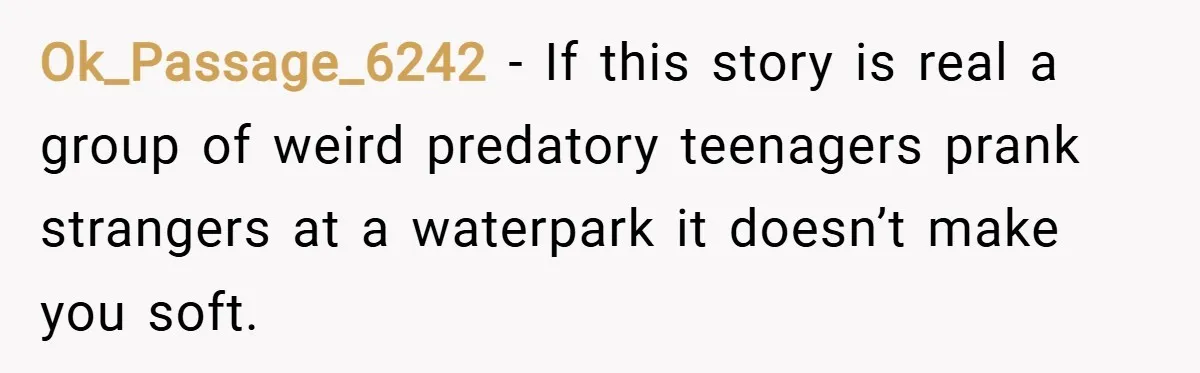 Ok_Passage_6242 − If this story is real a group of weird predatory teenagers prank strangers at a waterpark it doesn’t make you soft.