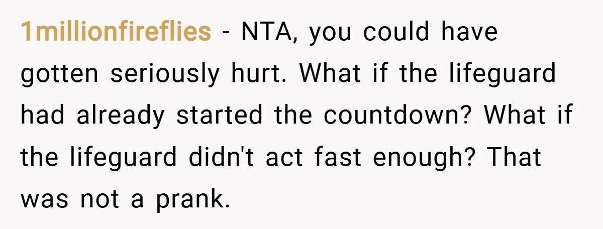 1millionfireflies − NTA, you could have gotten seriously hurt. What if the lifeguard had already started the countdown? What if the lifeguard didn't act fast enough? That was not a...