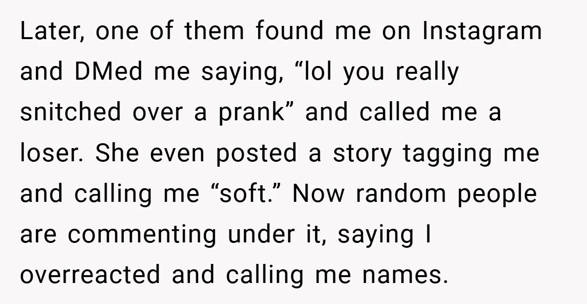 Later, one of them found me on Instagram and DMed me saying, “lol you really snitched over a prank” and called me a loser. She even posted a story tagging...