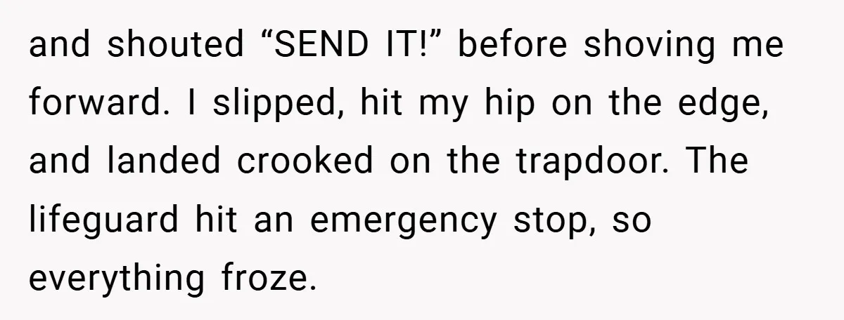 and shouted “SEND IT!” before shoving me forward. I slipped, hit my hip on the edge, and landed crooked on the trapdoor. The lifeguard hit an emergency stop, so everything...