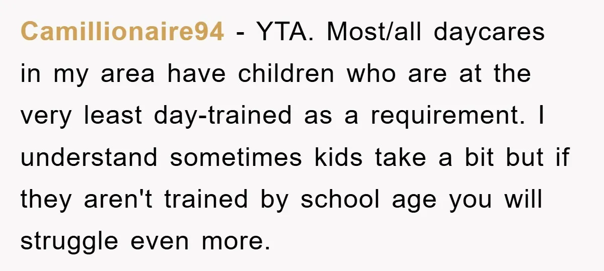 Camillionaire94 − YTA. Most/all daycares in my area have children who are at the very least day-trained as a requirement. I understand sometimes kids take a bit but if they...