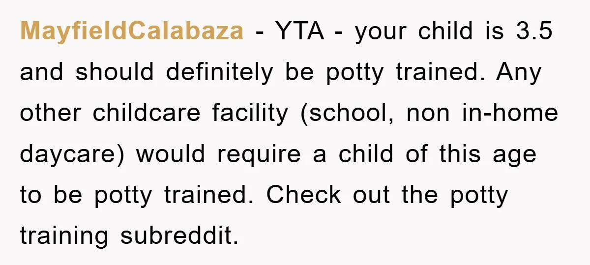 MayfieldCalabaza − YTA - your child is 3.5 and should definitely be potty trained. Any other childcare facility (school, non in-home daycare) would require a child of this age to...