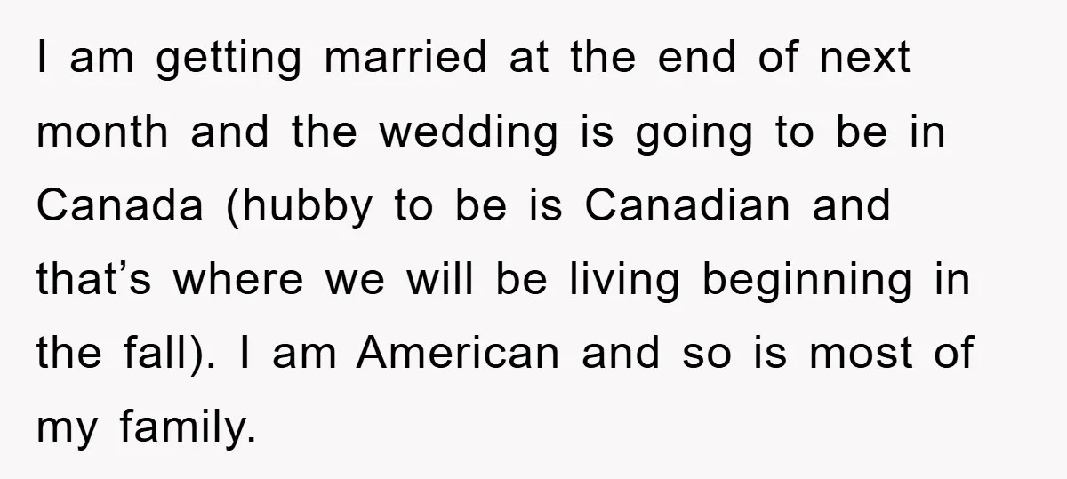 I am getting married at the end of next month and the wedding is going to be in Canada (hubby to be is Canadian and that’s where we will be...