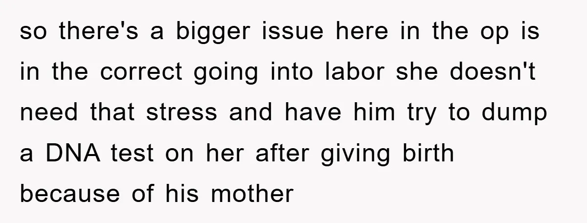 so there's a bigger issue here in the op is in the correct going into labor she doesn't need that stress and have him try to dump a DNA test...