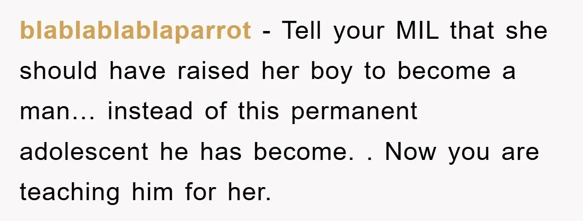 blablablablaparrot - Tell your MIL that she should have raised her boy to become a man… instead of this permanent adolescent he has become. . Now you are teaching him...