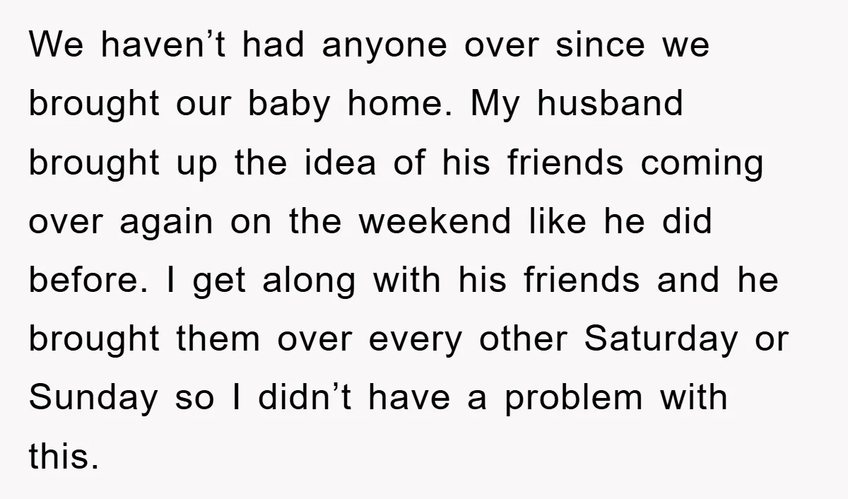 We haven’t had anyone over since we brought our baby home. My husband brought up the idea of his friends coming over again on the weekend like he did before....
