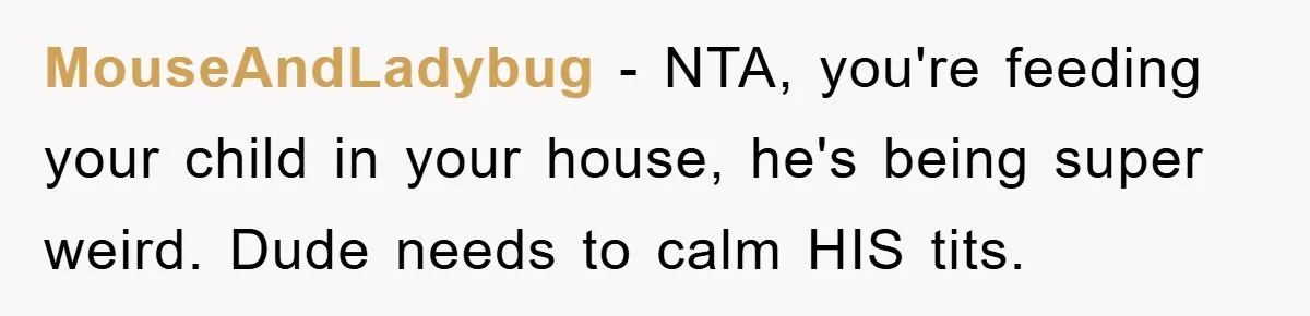 MouseAndLadybug − NTA, you're feeding your child in your house, he's being super weird. Dude needs to calm HIS tits.
