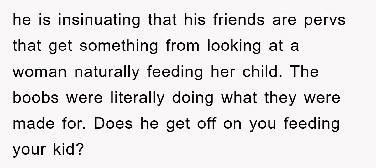 he is insinuating that his friends are pervs that get something from looking at a woman naturally feeding her child. The boobs were literally doing what they were made for....