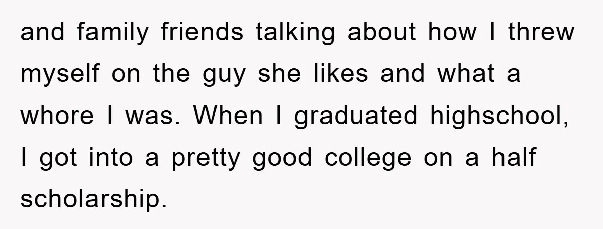 and family friends talking about how I threw myself on the guy she likes and what a whore I was. When I graduated highschool, I got into a pretty good...