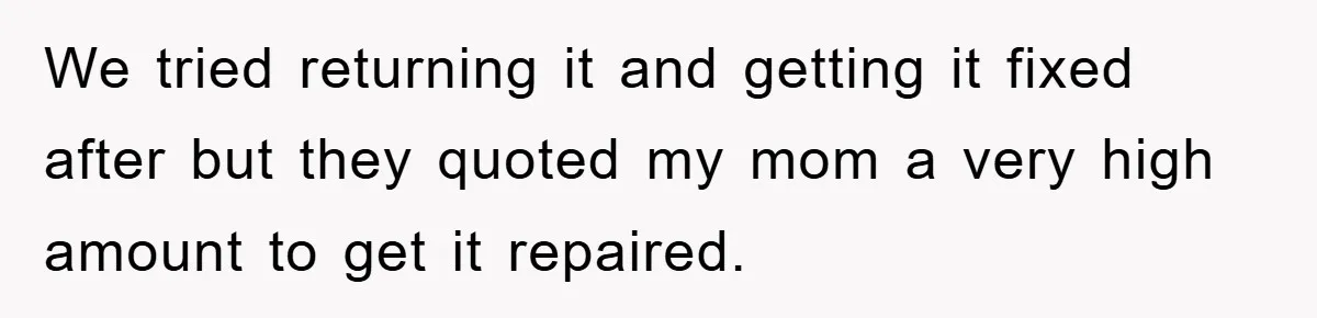 We tried returning it and getting it fixed after but they quoted my mom a very high amount to get it repaired.
