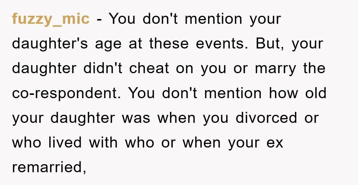 fuzzy_mic - You don't mention your daughter's age at these events. But, your daughter didn't cheat on you or marry the co-respondent. You don't mention how old your daughter was...