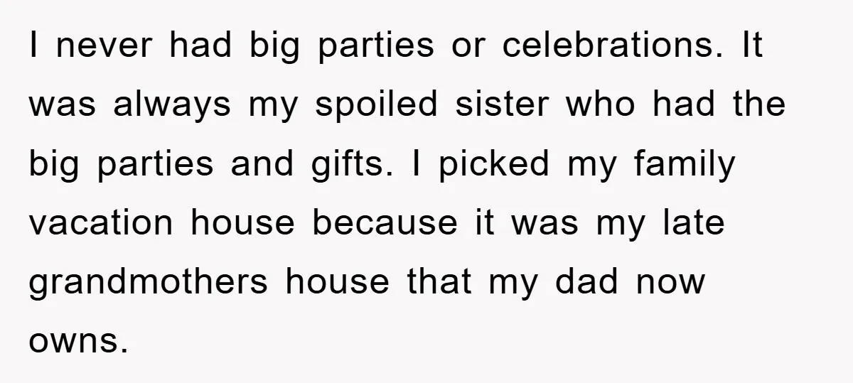 I never had big parties or celebrations. It was always my spoiled sister who had the big parties and gifts. I picked my family vacation house because it was my...