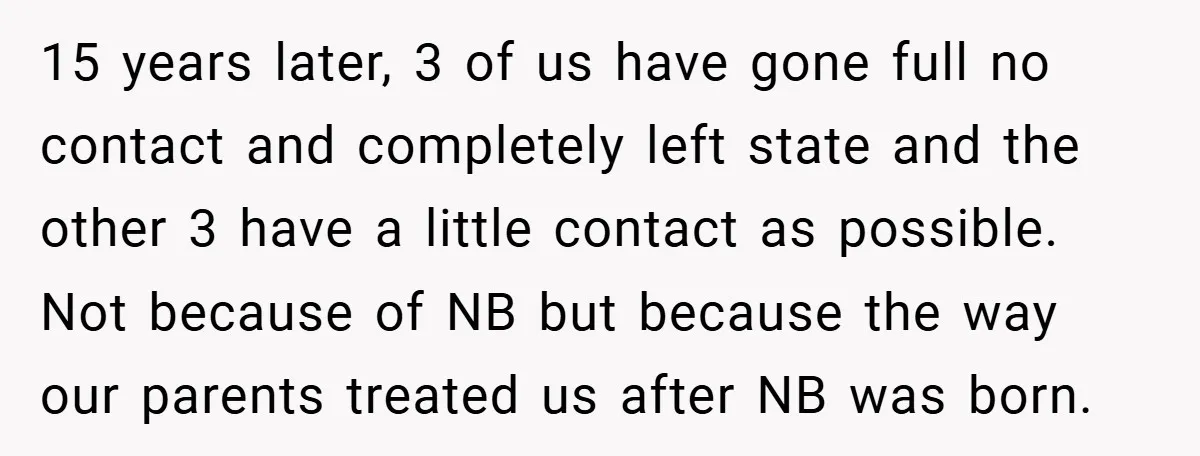 15 years later, 3 of us have gone full no contact and completely left state and the other 3 have a little contact as possible. Not because of NB but...