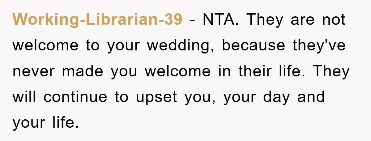 Working-Librarian-39 − NTA. They are not welcome to your wedding, because they've never made you welcome in their life. They will continue to upset you, your day and your life.
